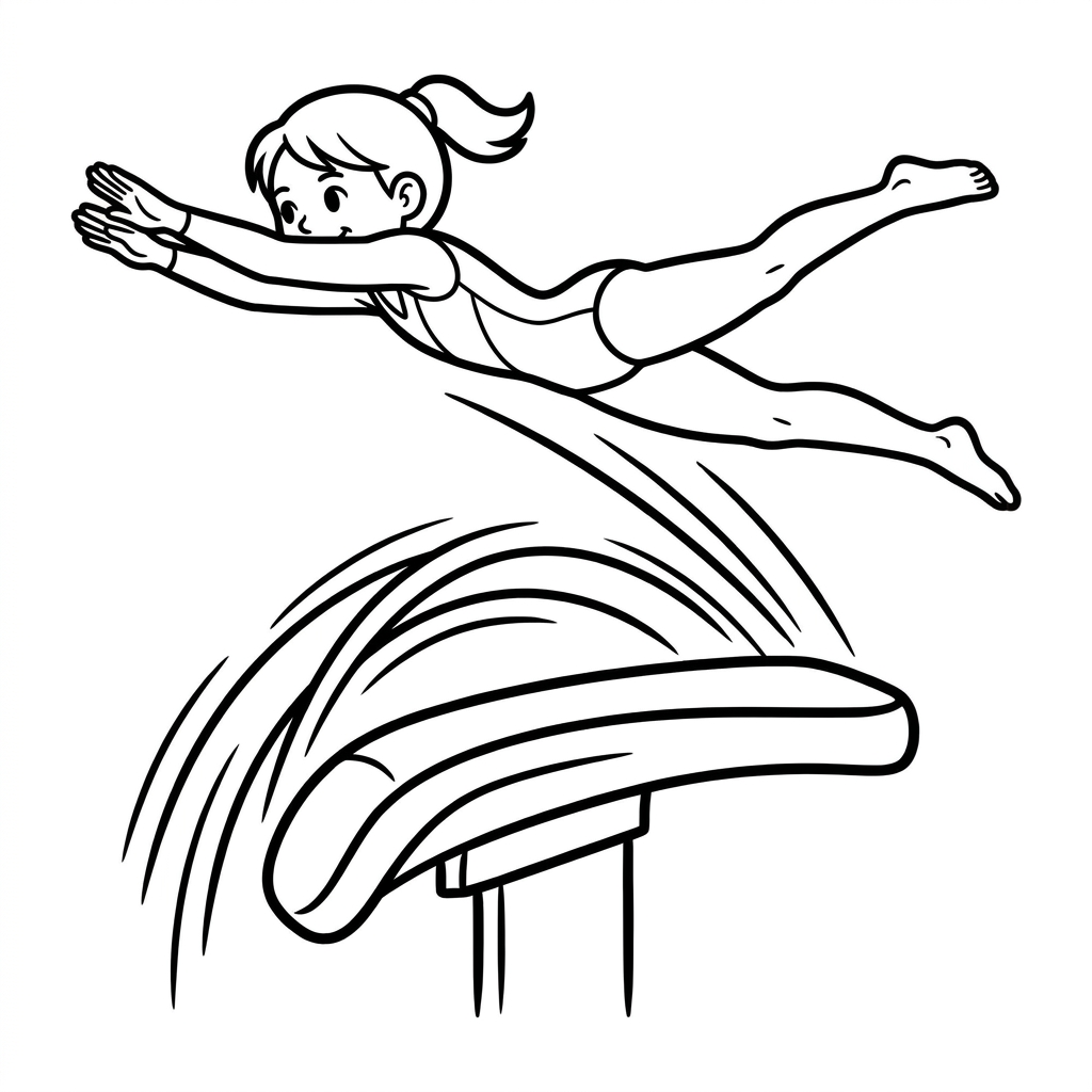 Printable gymnastics coloring page of a gymnast flying off the vault table in a powerful layout position.